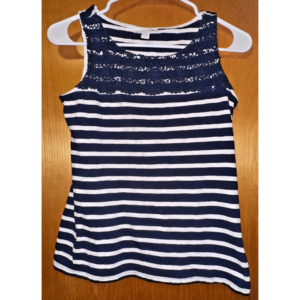 Charter Club Womens Blue White Striped Tank Lace Trim Petite Small 100% Cotton